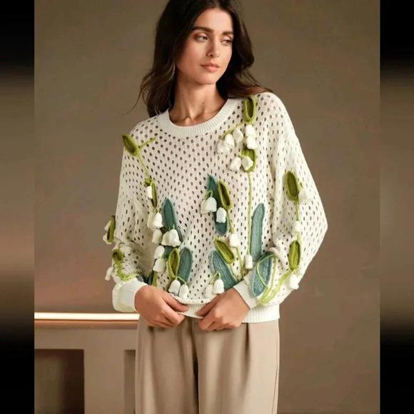 Women Casual Everyday Floral Pattern Hollow Knit Batwing Loose Sweater, Autumn - Picture 5 of 5